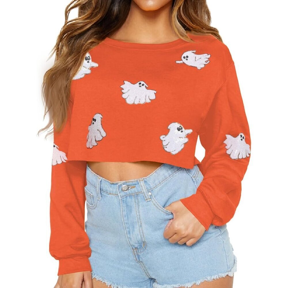 Women Halloween Sequin Cropped Sweatshirt Long Sleeve Graphic Top XS-L